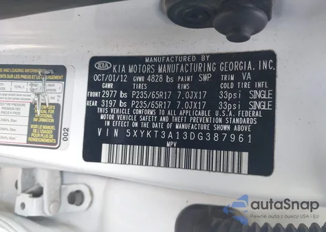 2013 Kia Sorento Lx из США, поврежденный, VIN 5XYKT3A13DG387961